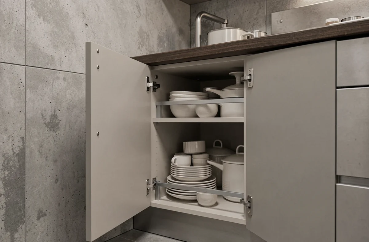 Intérieur d'un meuble bas de cuisine Socoo'c ouvert montrant les tiroirs extractibles et l'organisation intérieure