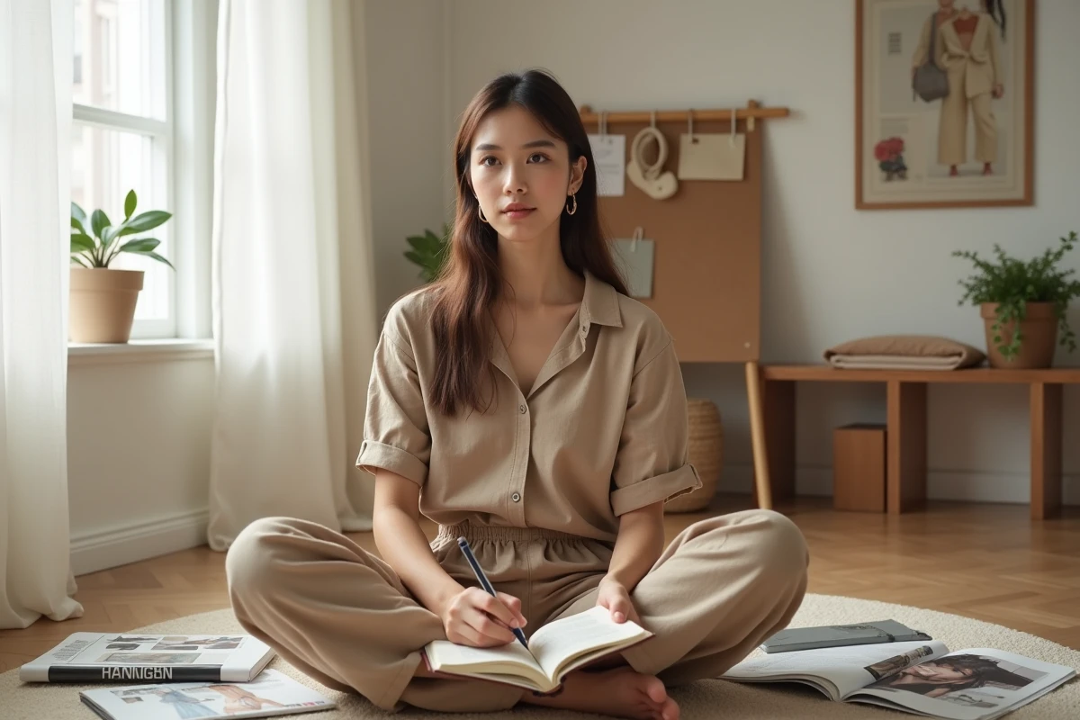 Jeune femme créant un tableau d'inspiration mode dans sa chambre minimaliste, reflétant l'impact des tendances vestimentaires sur l'identité des jeunes