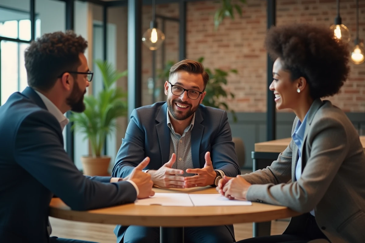 Jeunes professionnels discutant autour d une table