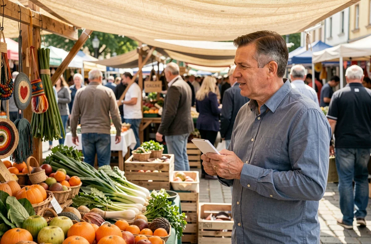 Journaliste local interviewant un commerçant au marché hebdomadaire pour couvrir l'actualité de proximité
