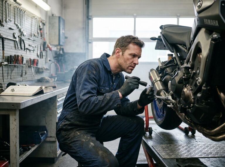 Mécanicien inspectant le silencieux d'une moto dans un atelier pour réduire les émissions sonores et polluantes