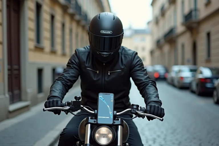 Motard regardant l'application Waze sur son smartphone fixé au guidon de sa moto en ville