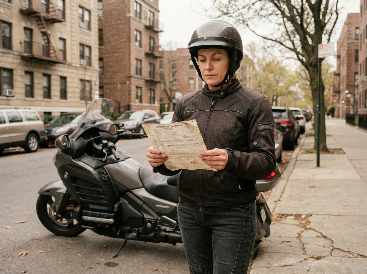 Motarde consultant un certificat d'homologation pour rendre sa moto conforme aux normes anti-bruit et antipollution