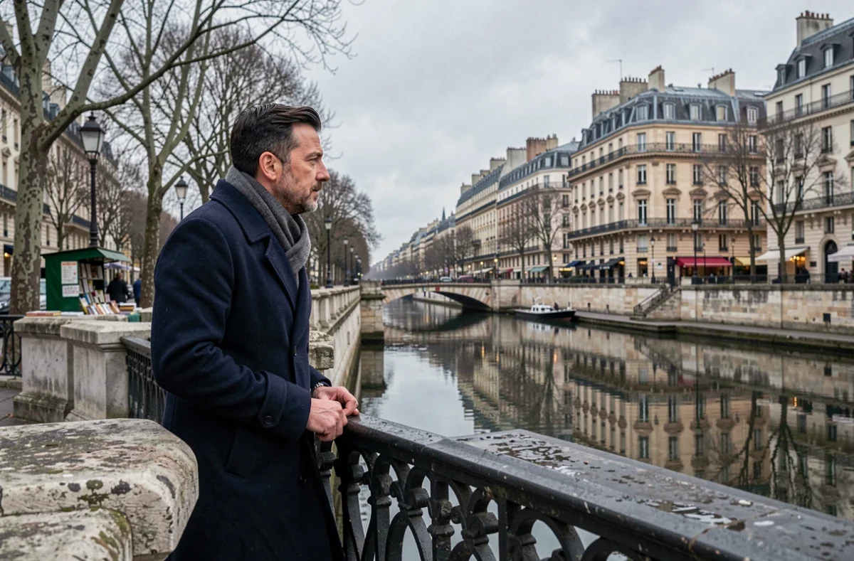 Homme en manteau bleu marine appuyé sur un pont parisien avec les reflets de la Seine et les bouquinistes en arrière-plan
