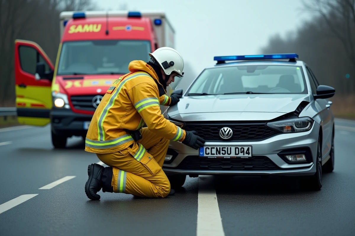 Pompier en intervention sur l'autoroute A31 portant secours à une victime d'accident de voiture près d'une ambulance du SAMU