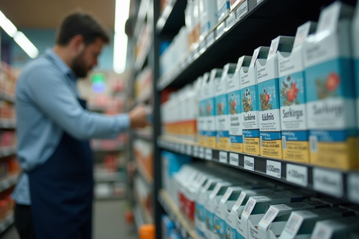 Rayon de cigarettes en bureau de tabac belge avec étiquettes de prix et packaging neutre standardisé