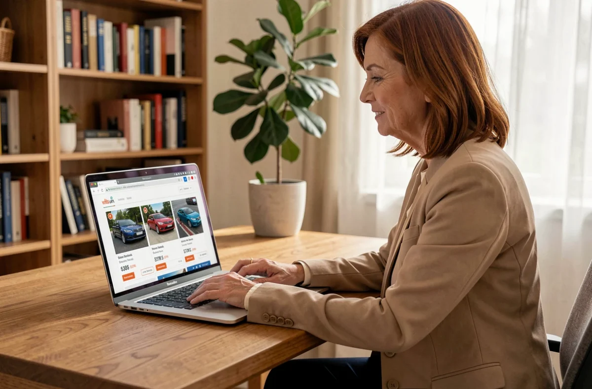 Femme recherchant une voiture d'occasion sur un site internet depuis son bureau à domicile avec un ordinateur portable