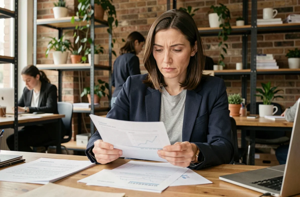 Femme en reconversion professionnelle à Paris travaillant dans un espace de co-working avec des documents de bilan de compétences