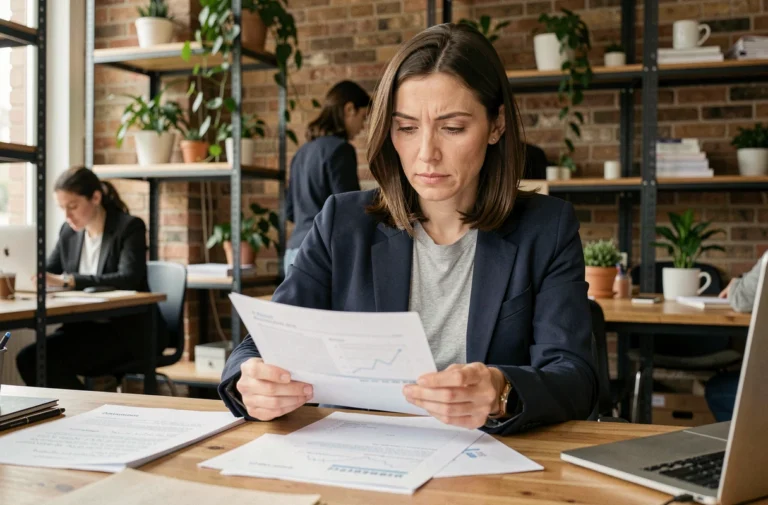 Femme en reconversion professionnelle à Paris travaillant dans un espace de co-working avec des documents de bilan de compétences