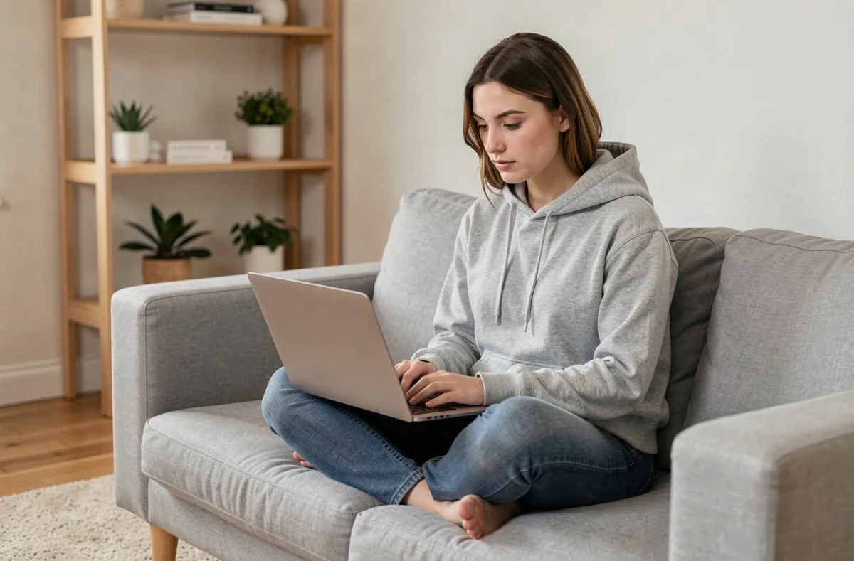 Jeune femme regardant Canal Plus en streaming sur son ordinateur portable dans un salon moderne sans décodeur