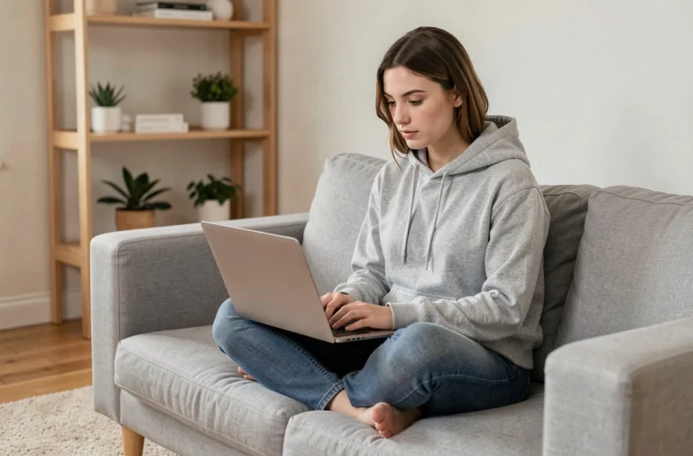 Jeune femme regardant Canal Plus en streaming sur son ordinateur portable dans un salon moderne sans décodeur