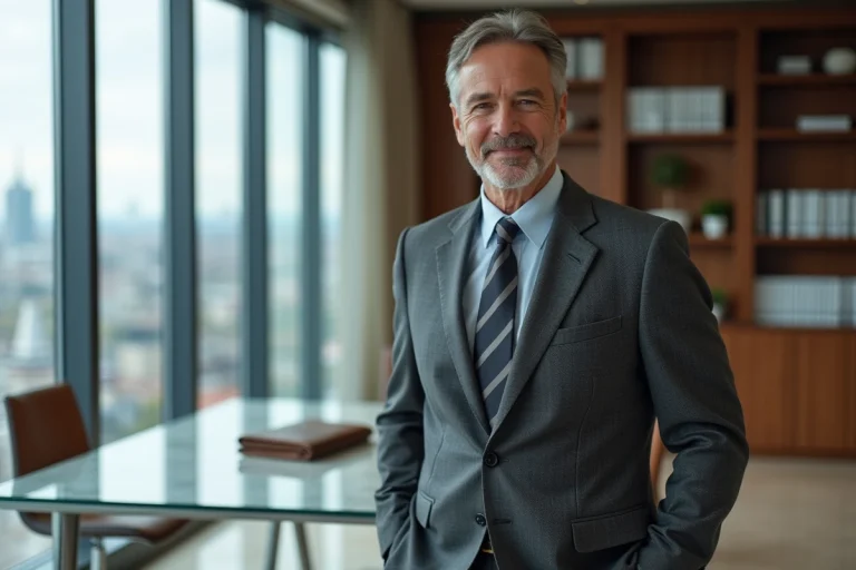 Portrait d'un homme d'affaires prospère en costume sur mesure dans un bureau moderne avec vue sur une ville européenne, illustrant la fortune et le patrimoine de Roger Erhart