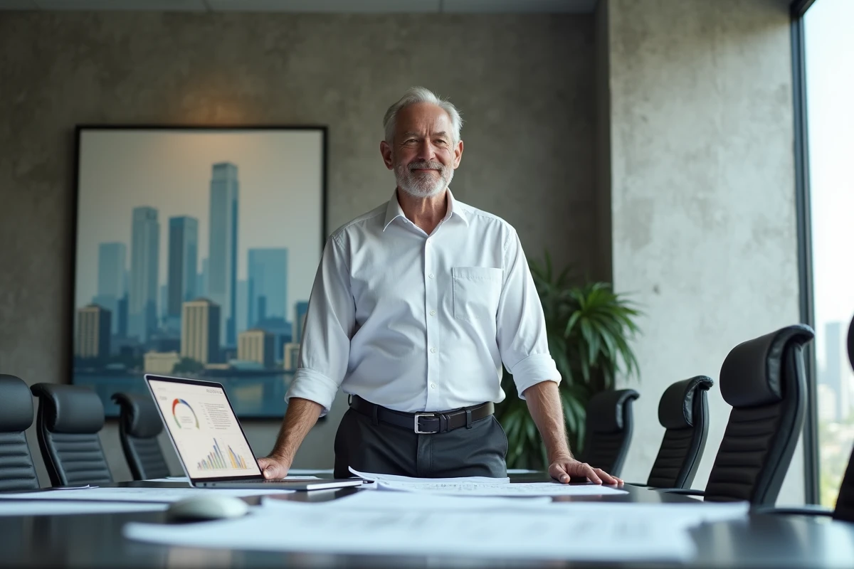 Entrepreneur fortuné debout près d'une table de réunion moderne avec documents d'investissement et graphiques financiers, évoquant l'évaluation de la fortune et du patrimoine de Roger Erhart