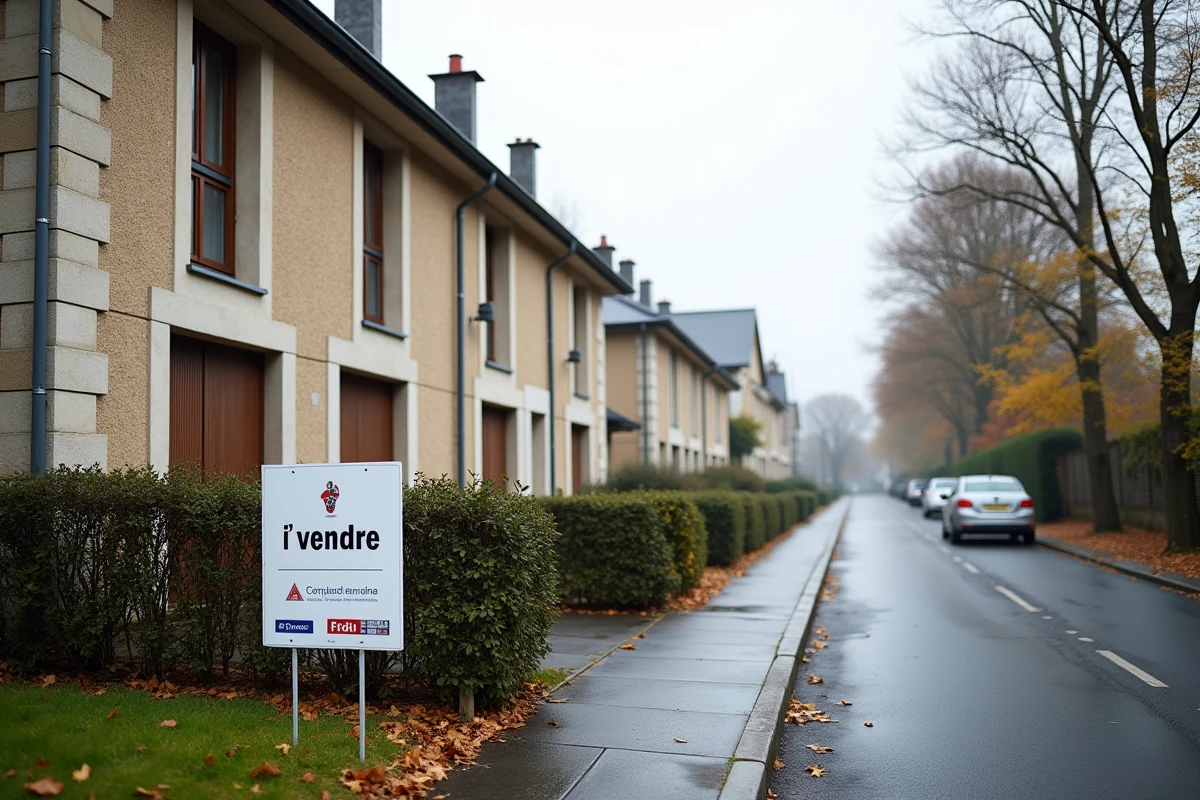 Rue résidentielle de Saclay avec panneau À Vendre devant des maisons neuves en pierre