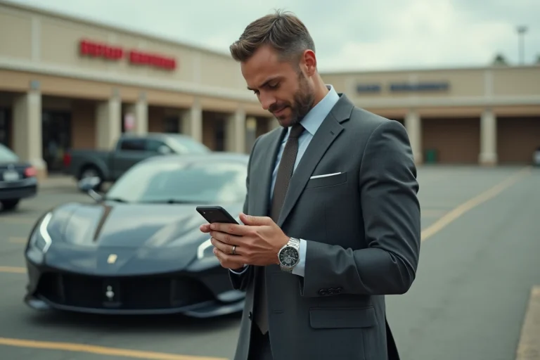 Homme en costume de marque devant une voiture de luxe louée dans un parking ordinaire, illustrant les signes révélateurs des faux riches