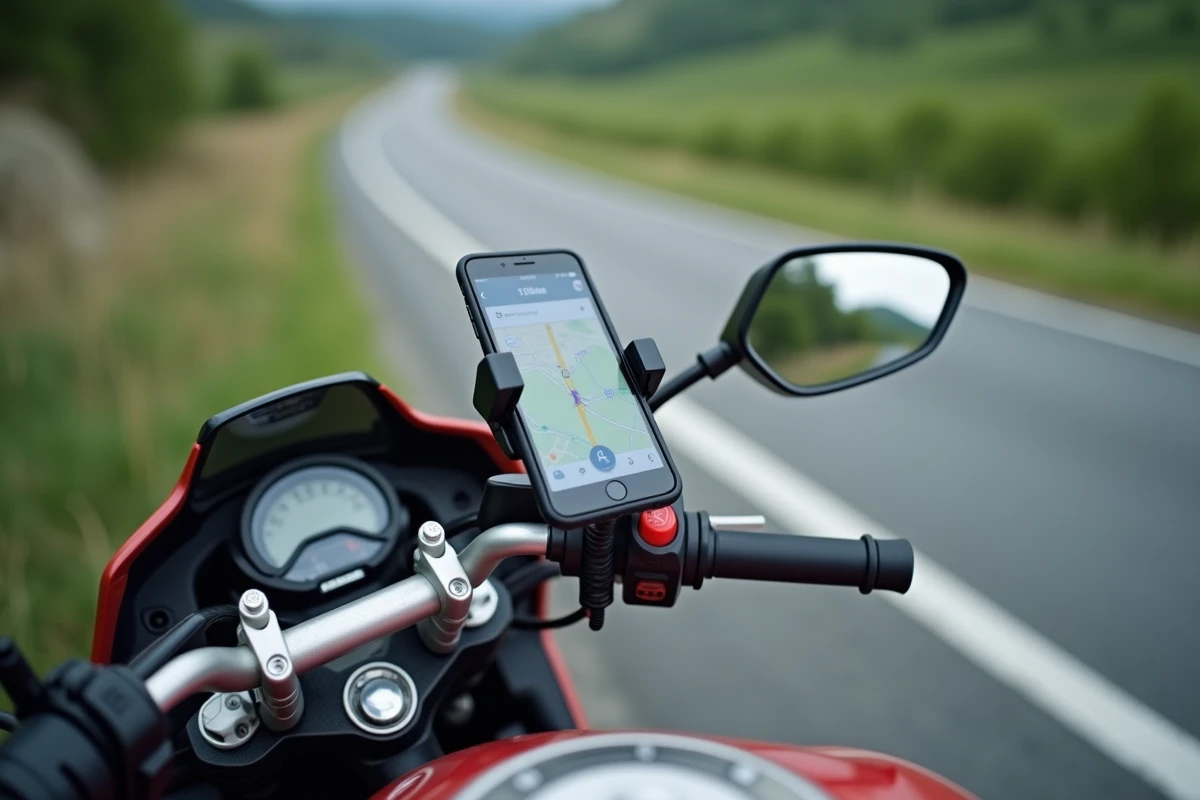 Smartphone fixé sur le guidon d'une moto affichant l'application de navigation Waze en route
