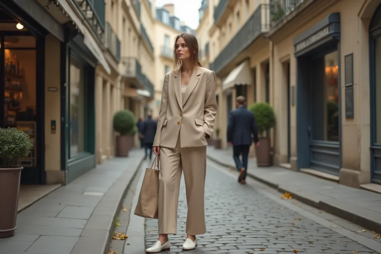Femme élégante portant un blazer oversize beige et un pantalon large dans une rue parisienne pavée en automne, style mode tendance moderne