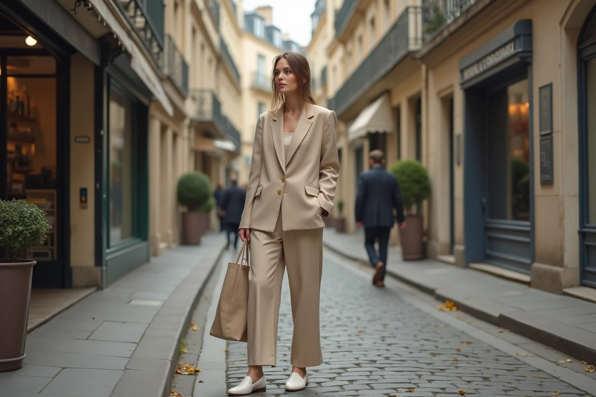 Femme élégante portant un blazer oversize beige et un pantalon large dans une rue parisienne pavée en automne, style mode tendance moderne
