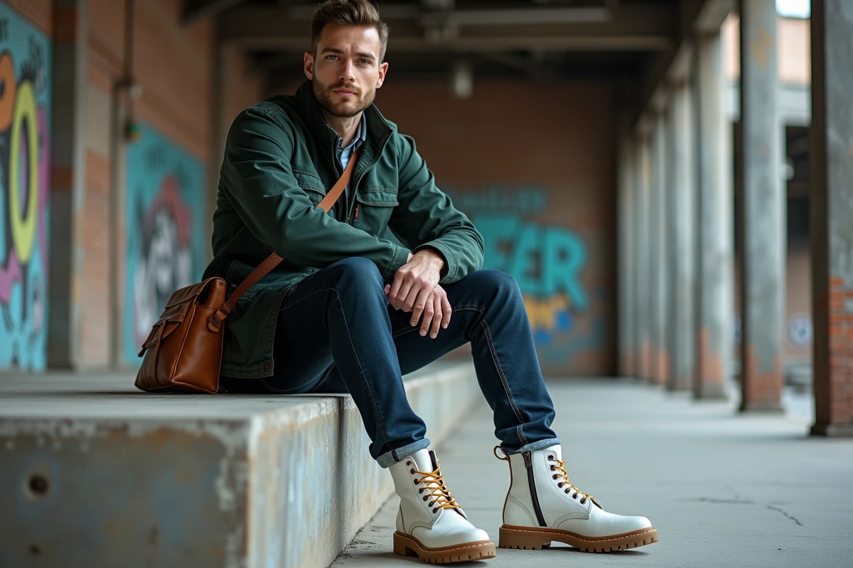 Homme en veste workwear verte et boots blanches assis dans un quartier urbain industriel chic, tendance mode masculine moderne