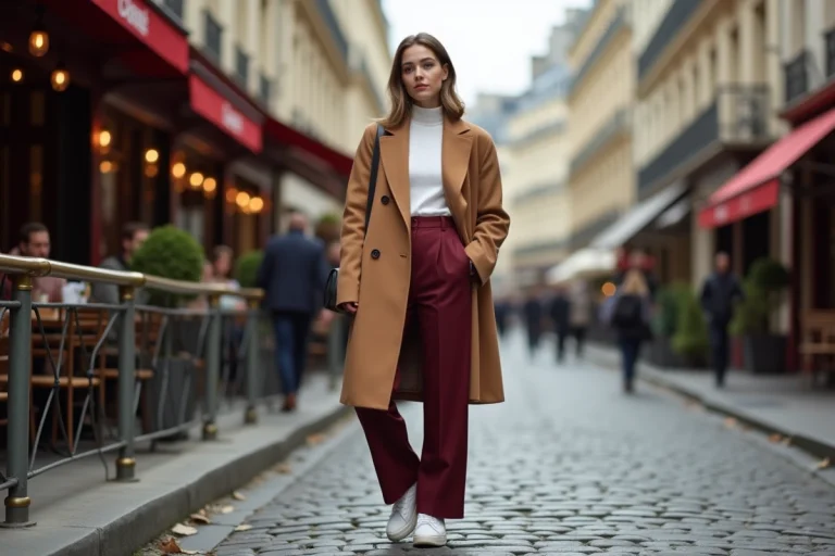 Femme élégante portant un blazer camel oversize et un pantalon large bordeaux dans une rue parisienne pavée, tendances mode automne