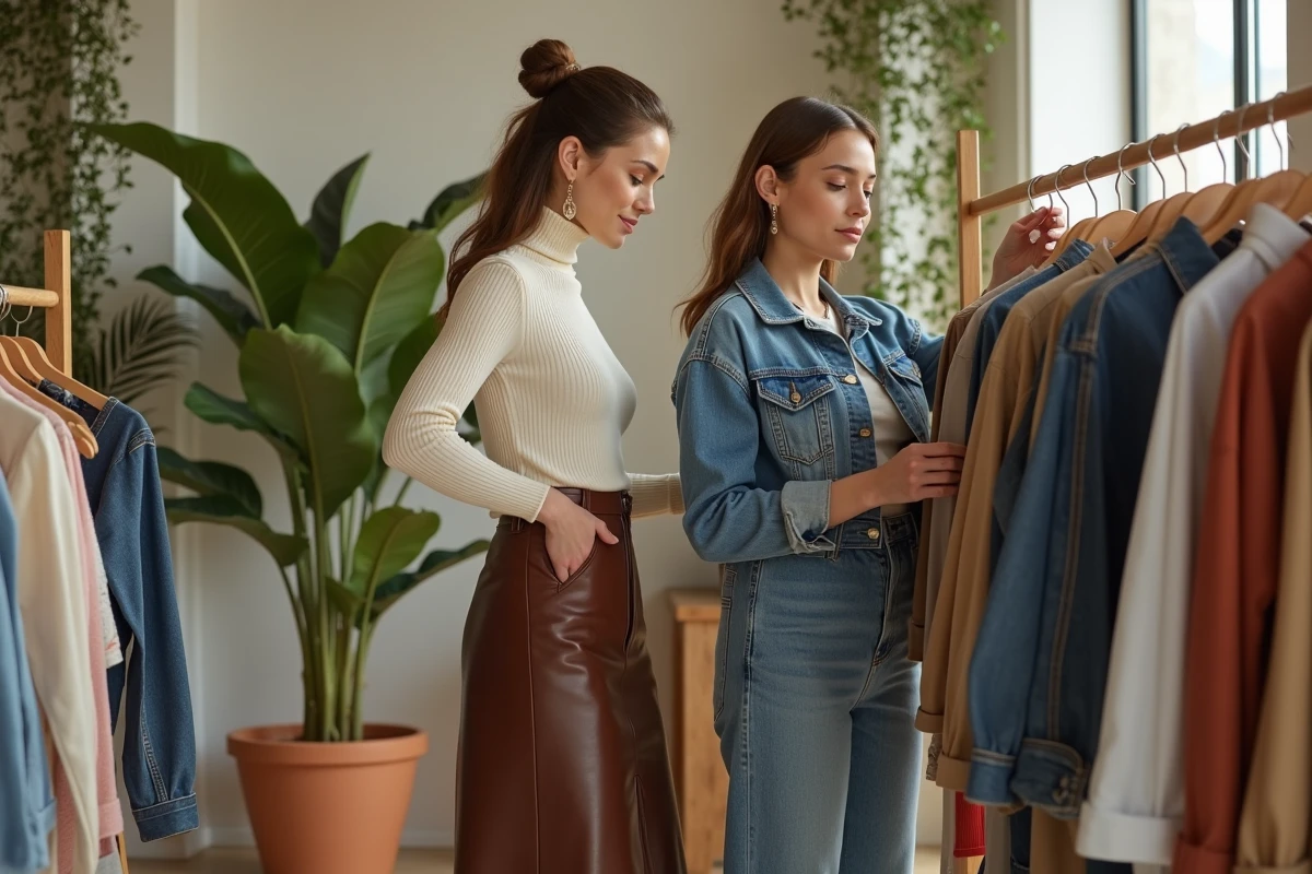 Deux femmes explorant les nouvelles tendances mode dans un concept store moderne aux finitions organiques, style minimaliste et contemporain