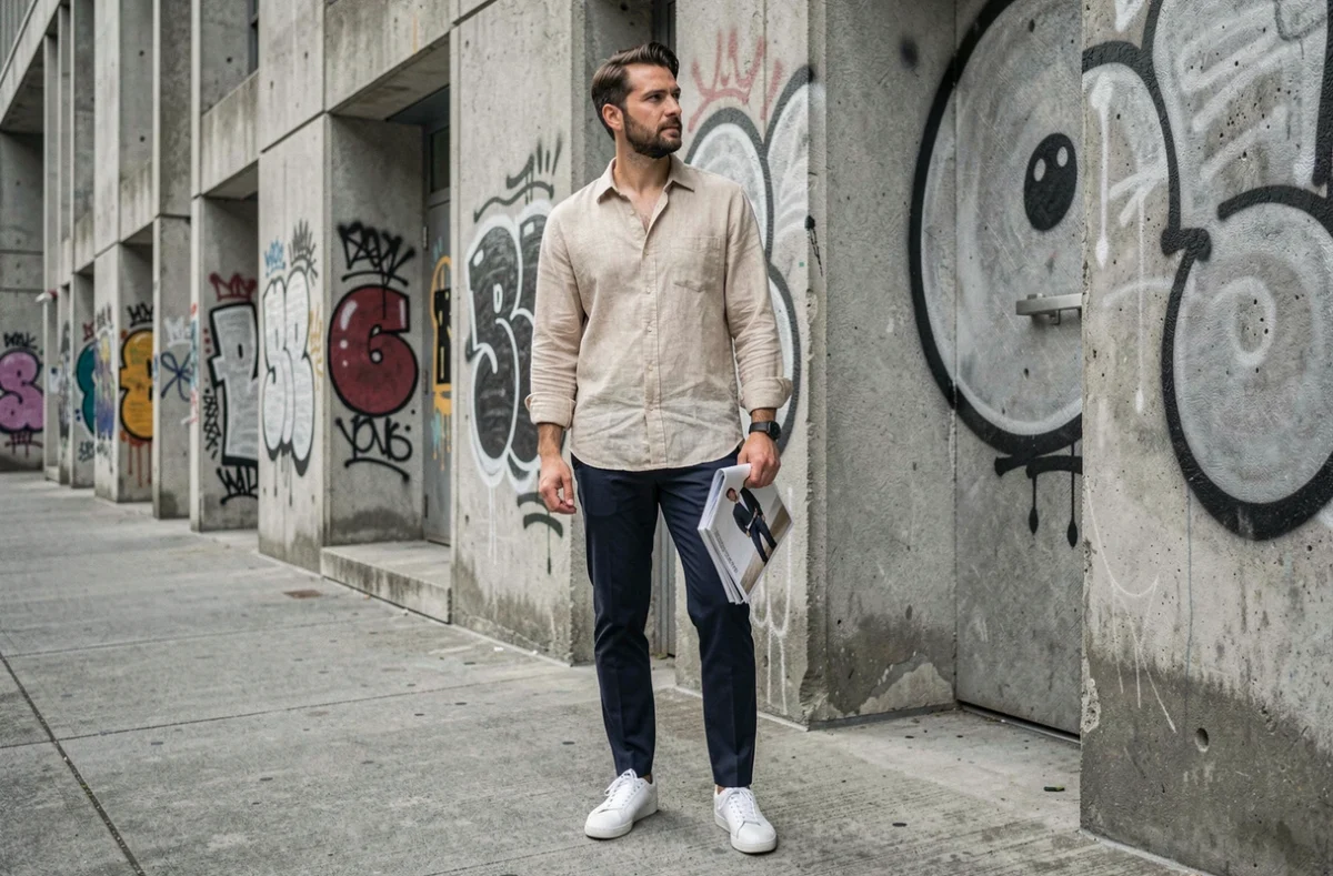 Homme en tenue tendance urbaine devant un bâtiment brutaliste avec street art, mode masculine contemporaine printemps