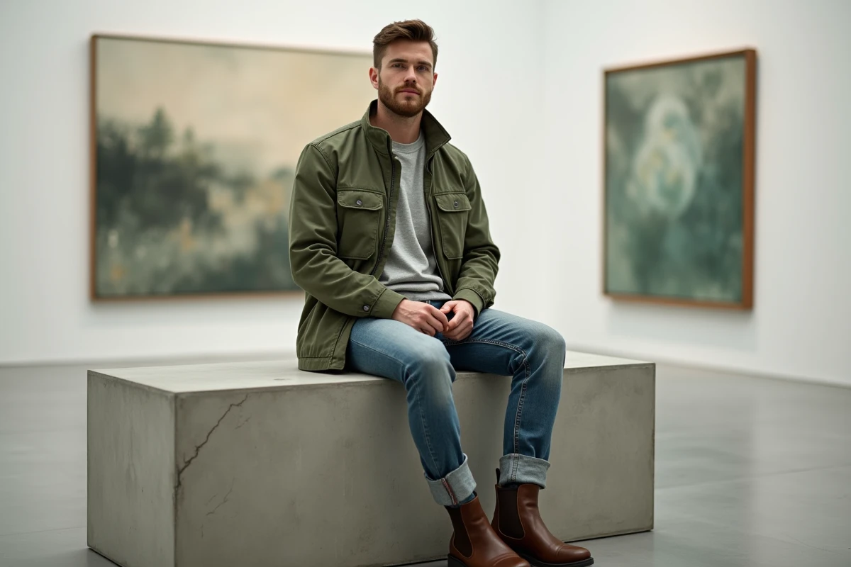 Homme stylé en veste utilitaire vert sauge et jean brut assis dans une galerie d'art contemporaine, style mode masculin tendance