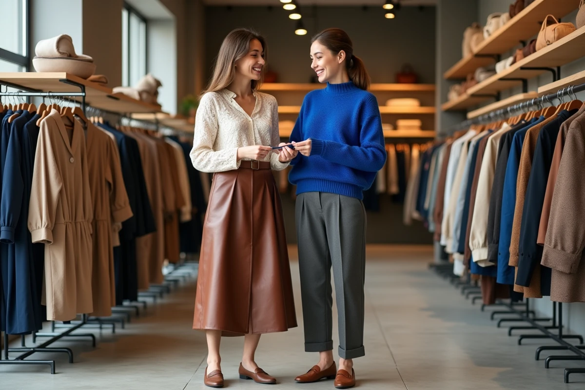 Deux femmes tendance faisant du shopping dans un concept store minimaliste, portant des tenues mode automne-hiver aux tons chauds et bijou