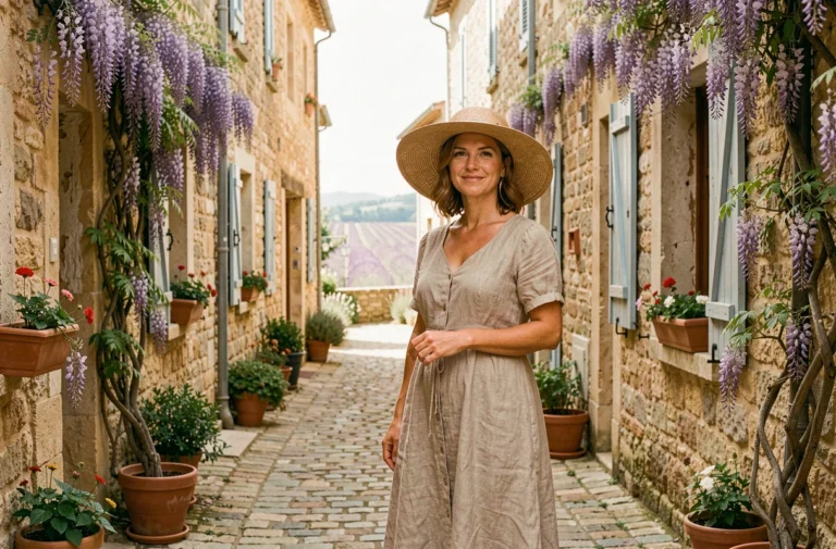 Femme en robe de lin se promenant dans une ruelle pavée d'un village provençal entouré de glycines et de volets bleus